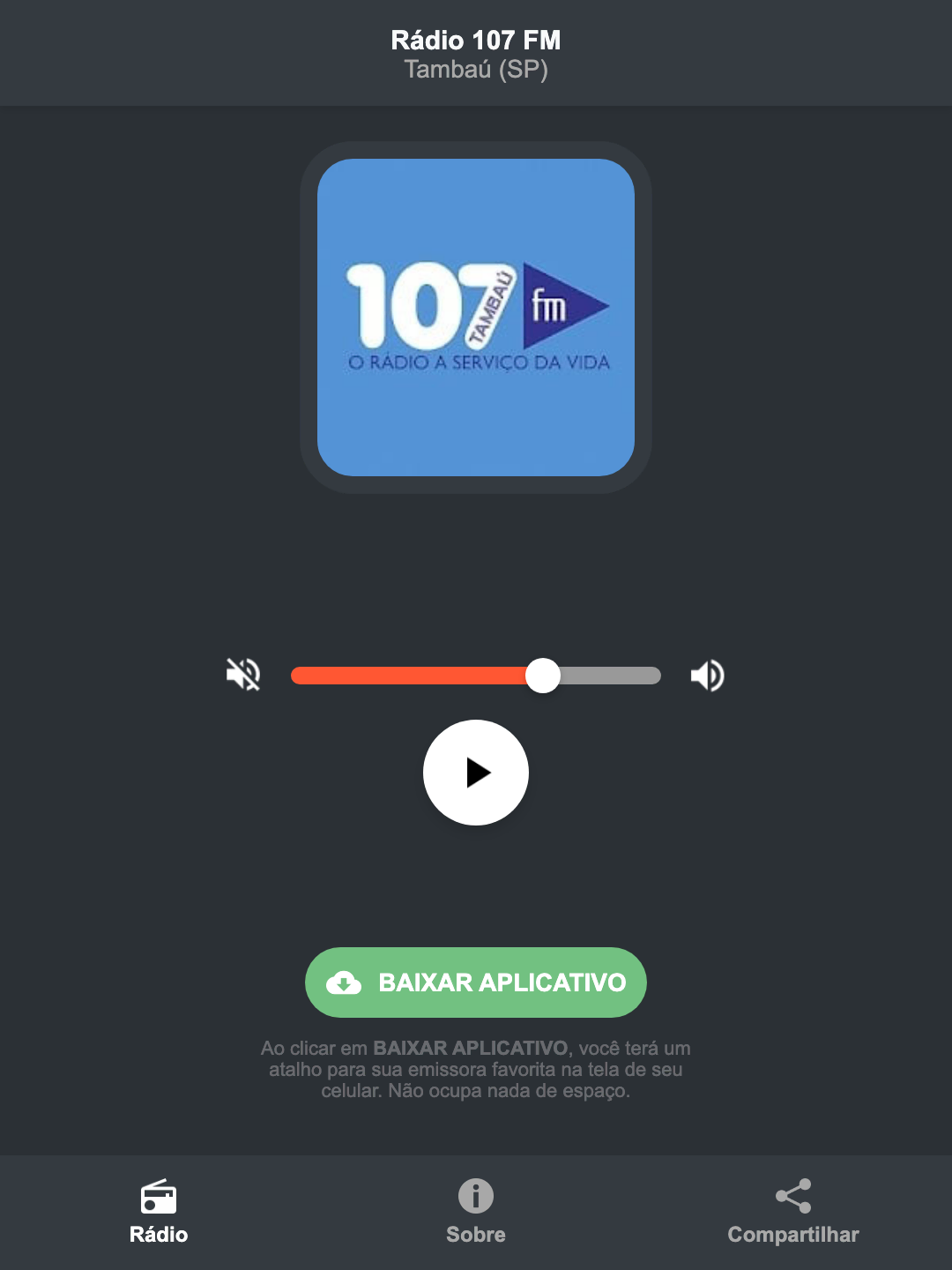 Screenshot do aplicativo da Rádio 107 FM