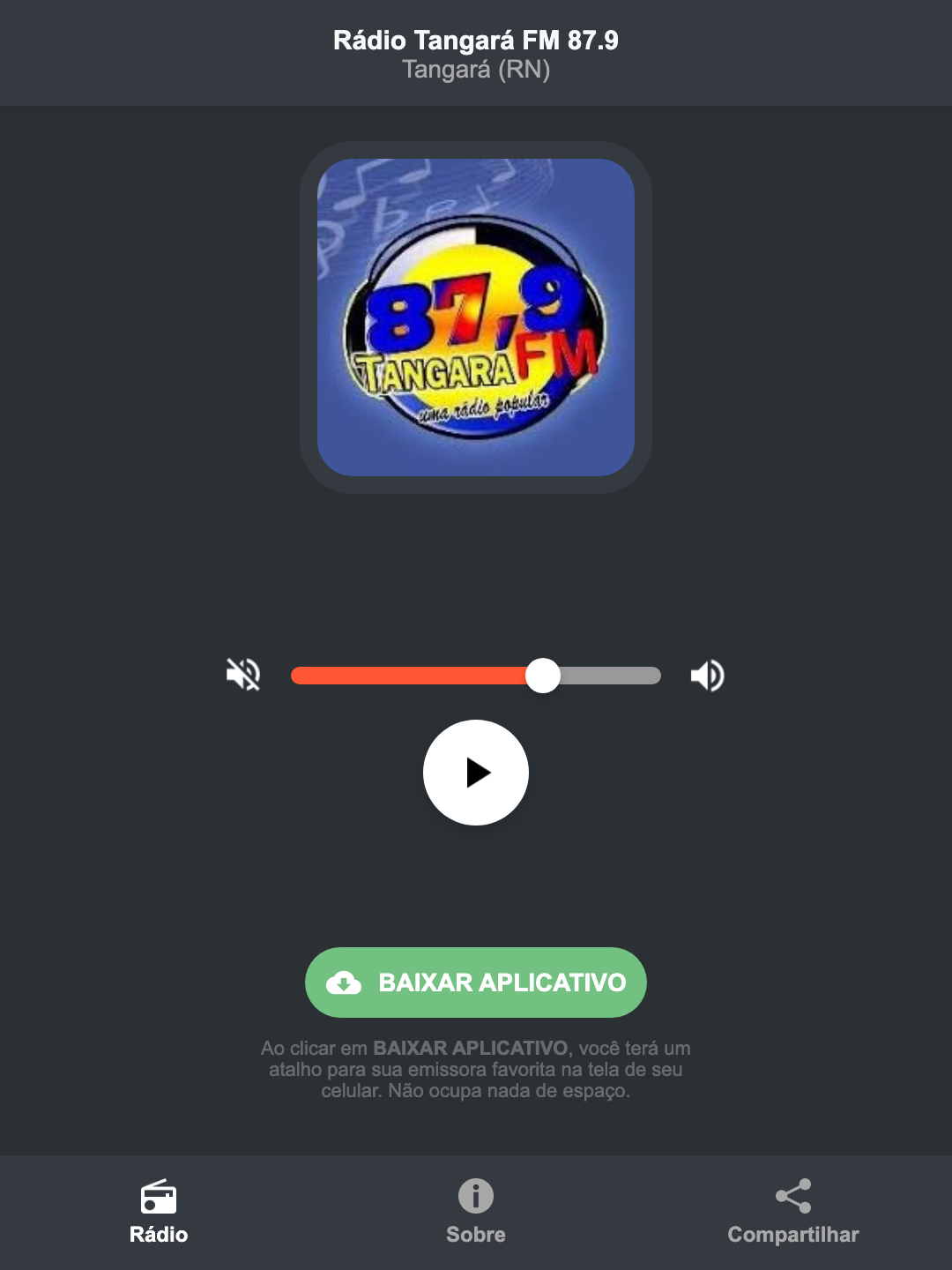 Screenshot do aplicativo da Rádio Tangará FM 87.9