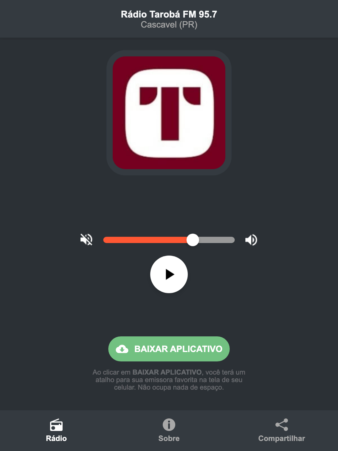 Screenshot do aplicativo da Rádio Tarobá FM 95.7