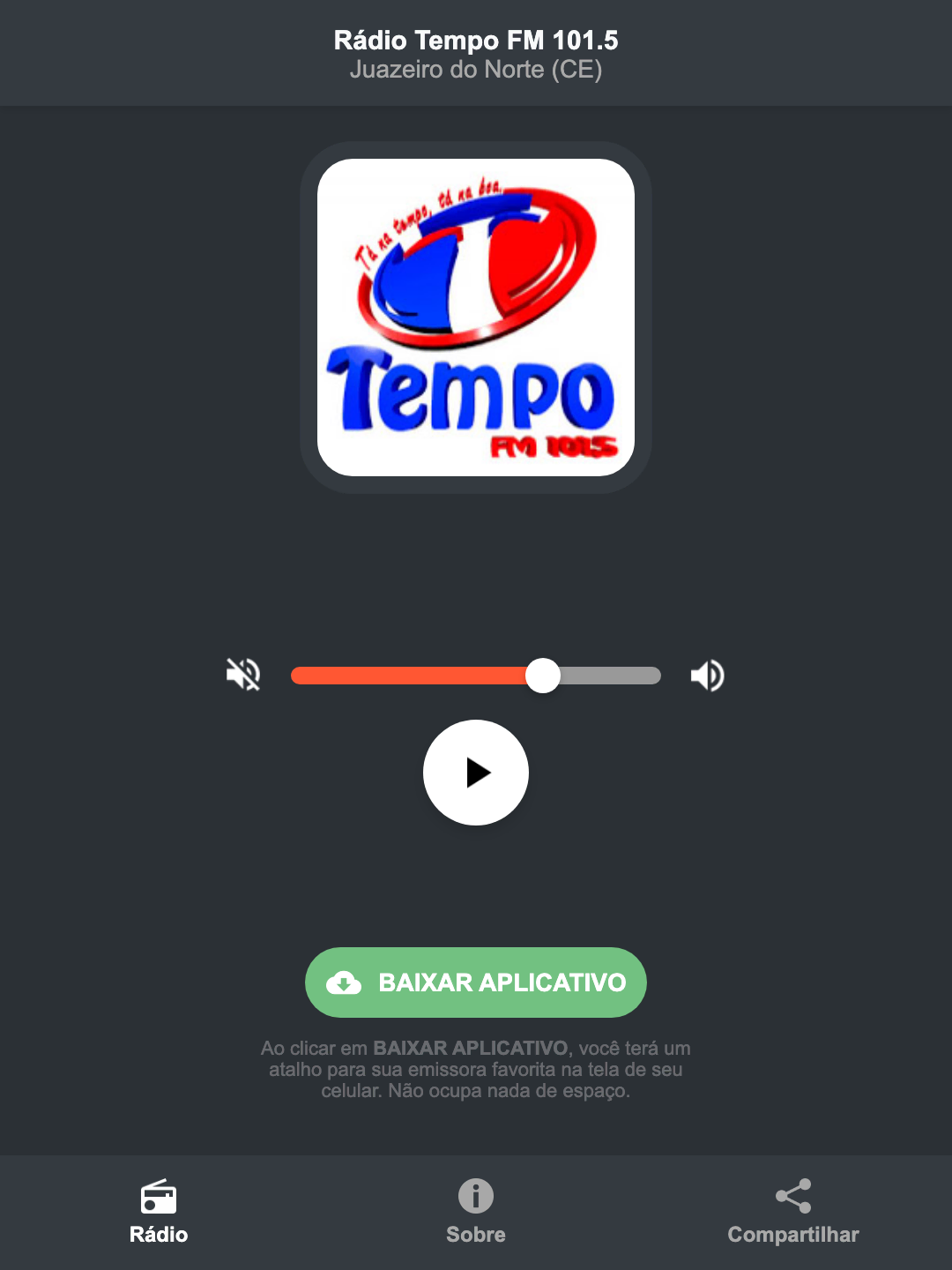 Screenshot do aplicativo da Rádio Tempo FM 101.5