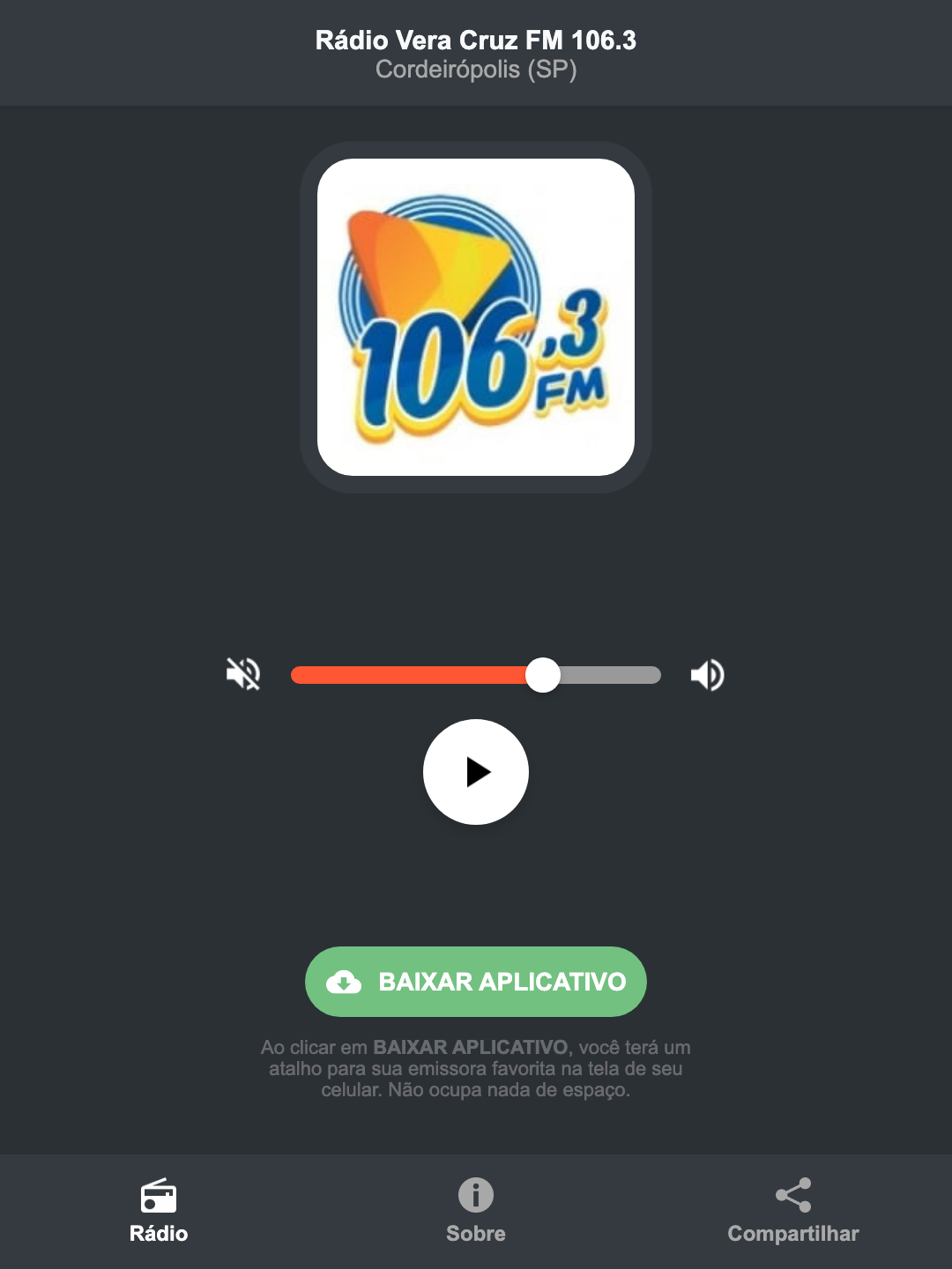 Screenshot do aplicativo da Rádio Vera Cruz FM 106.3