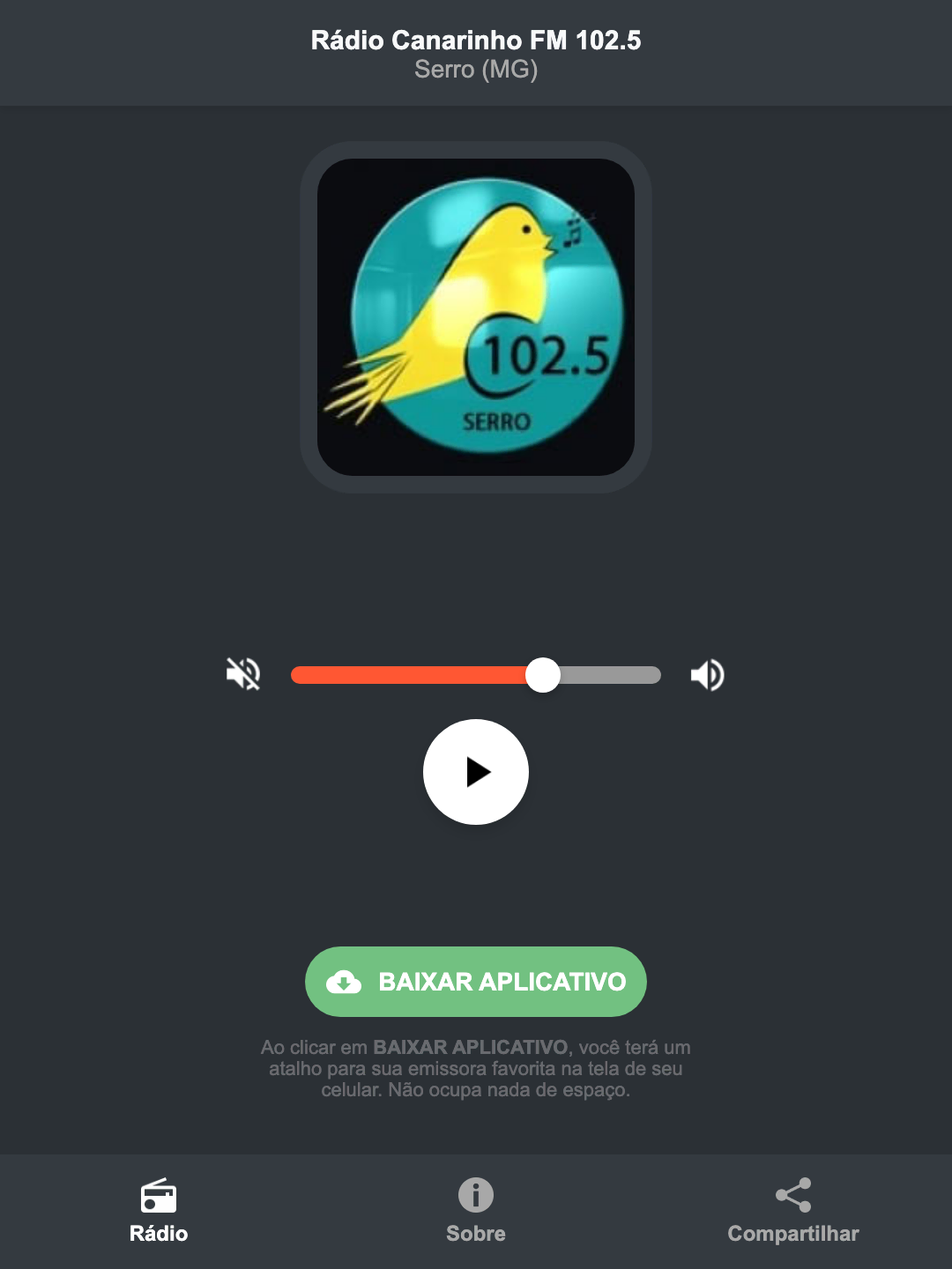 Screenshot do aplicativo da Rádio Canarinho FM 102.5