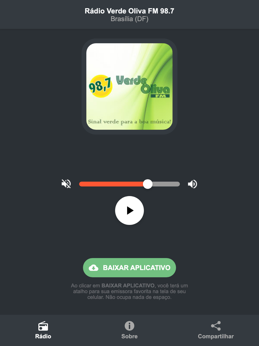 Screenshot do aplicativo da Rádio Verde Oliva FM 98.7