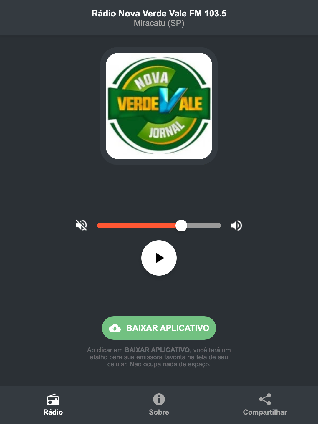 Screenshot do aplicativo da Rádio Nova Verde Vale FM 103.5