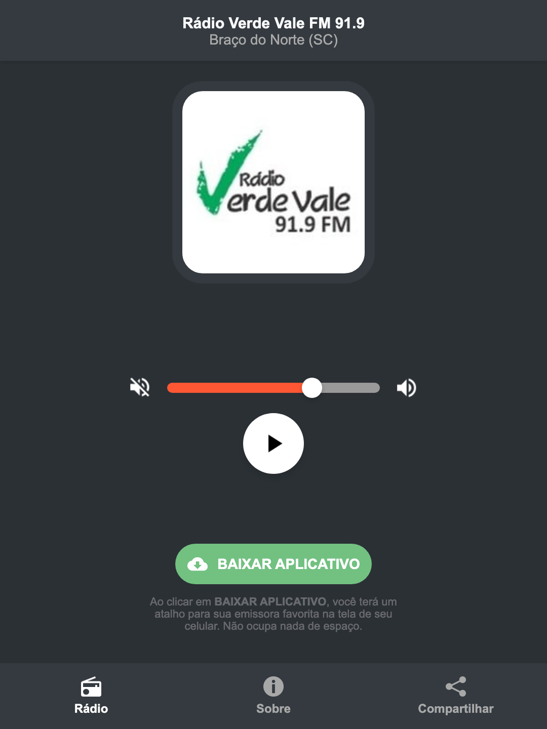 Screenshot do aplicativo da Rádio Verde Vale FM 91.9