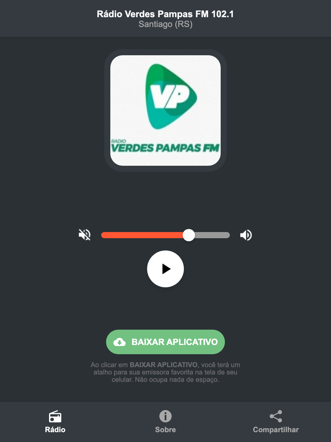 Screenshot do aplicativo da Rádio Verdes Pampas FM 102.1
