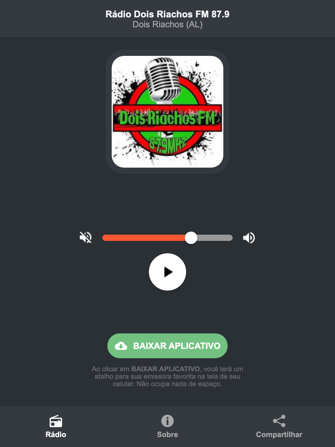 Screenshot do aplicativo da Rádio Dois Riachos FM 87.9