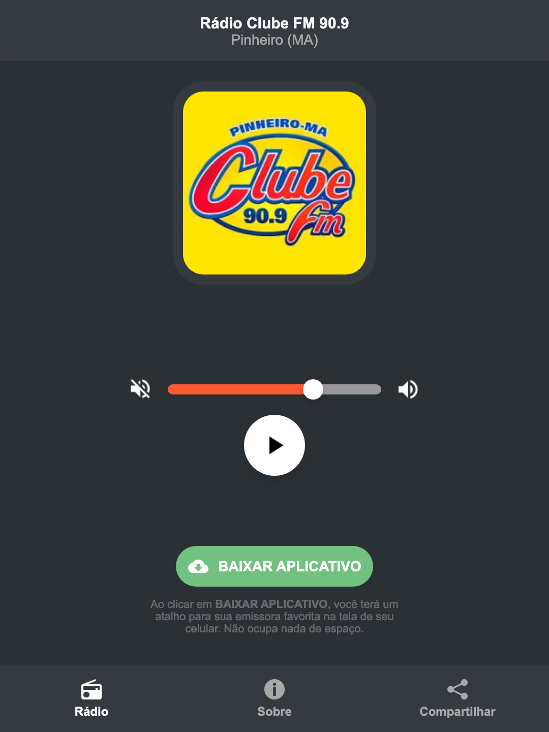 Screenshot do aplicativo da Rádio Clube FM 90.9