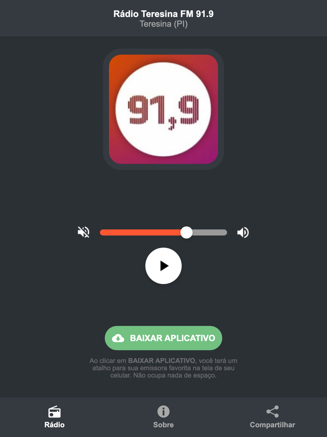 Screenshot do aplicativo da Rádio Teresina FM 91.9