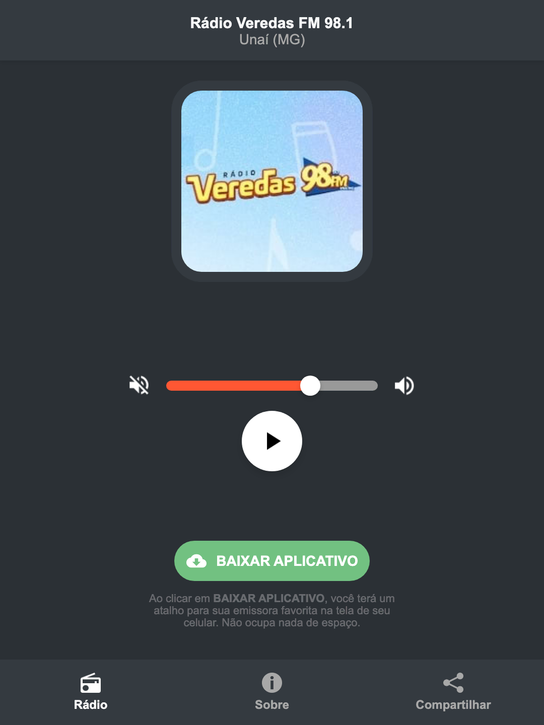 Screenshot do aplicativo da Rádio Veredas FM 98.1