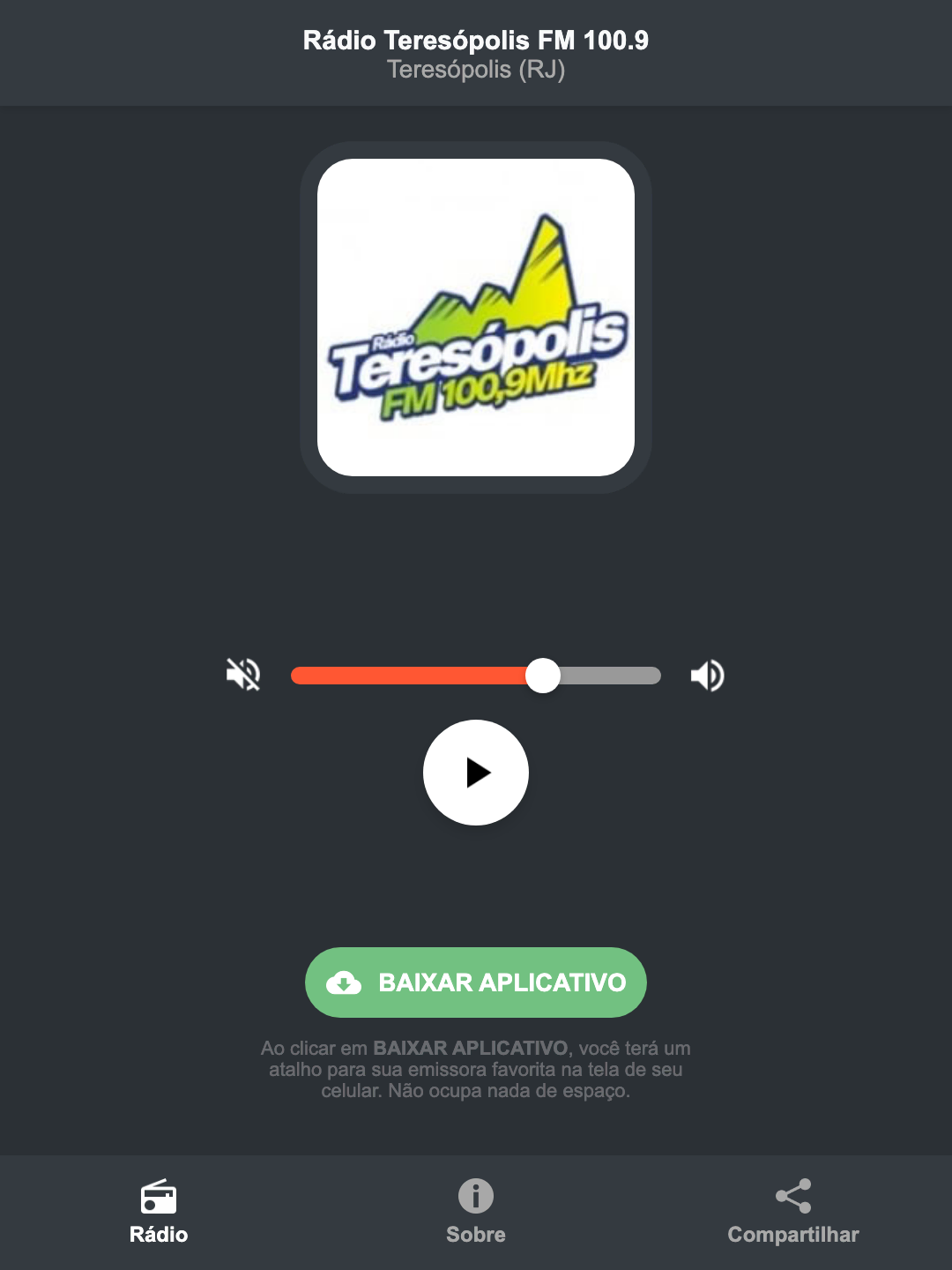 Screenshot do aplicativo da Rádio Teresópolis FM 100.9