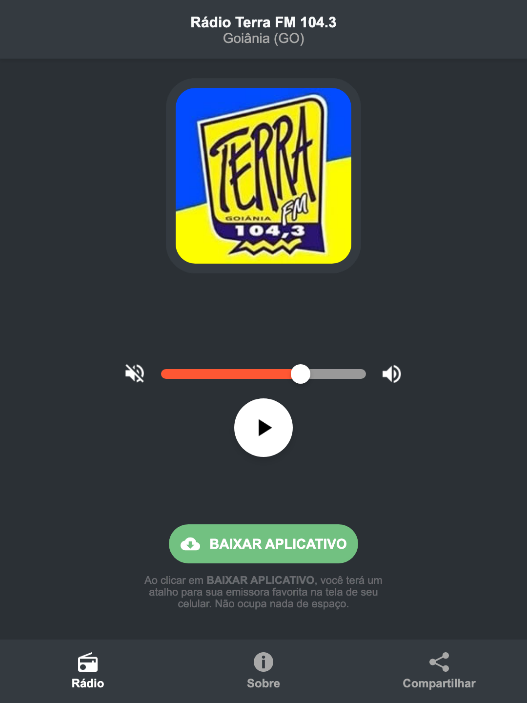Screenshot do aplicativo da Rádio Terra FM 104.3