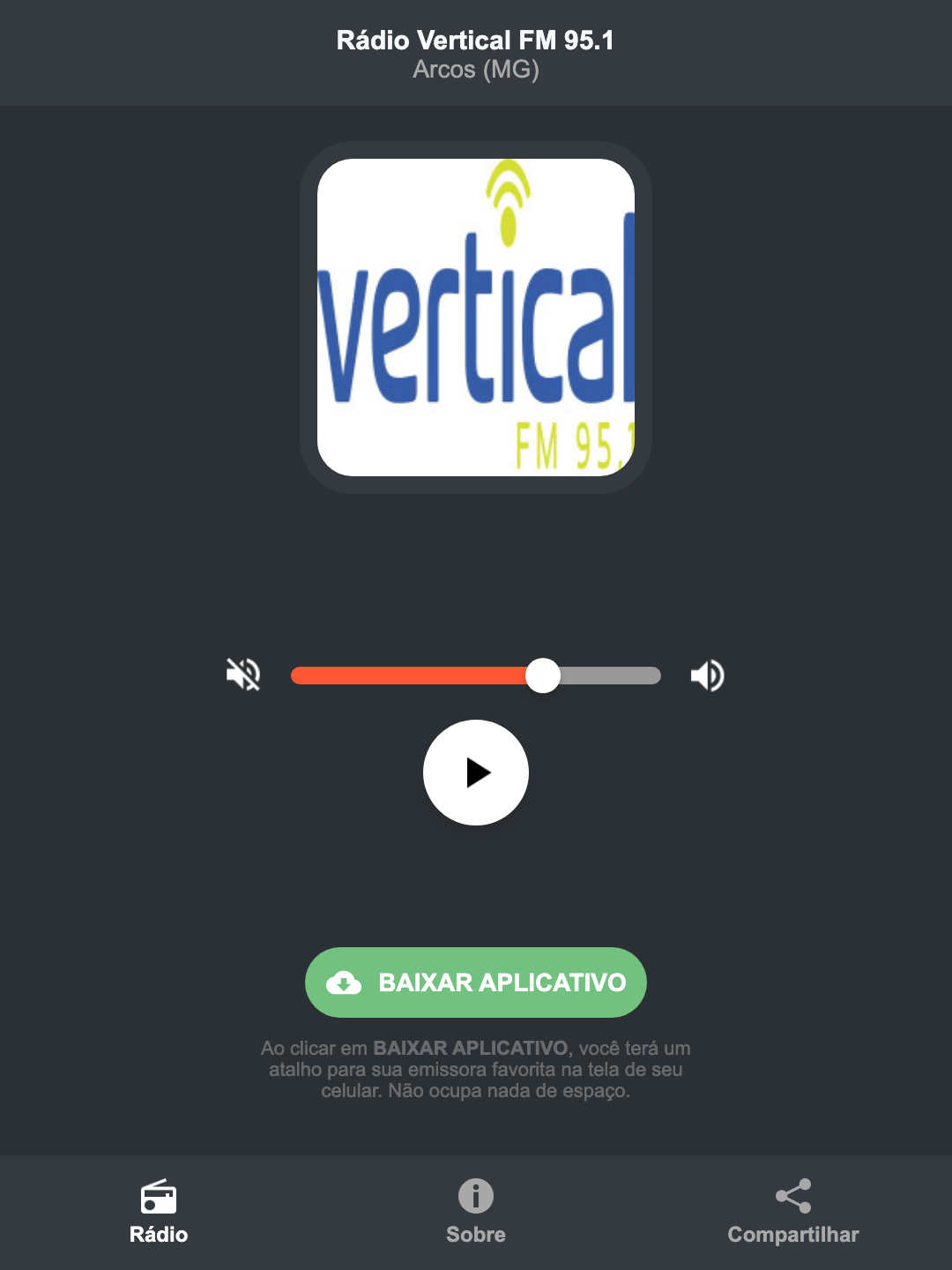 Screenshot do aplicativo da Rádio Vertical FM 95.1