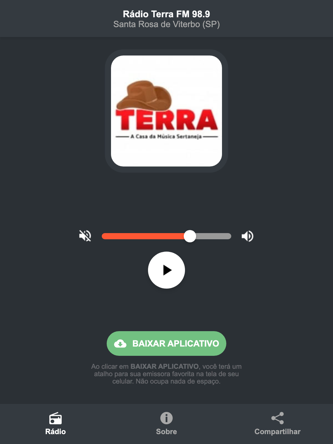 Screenshot do aplicativo da Rádio Terra FM 98.9