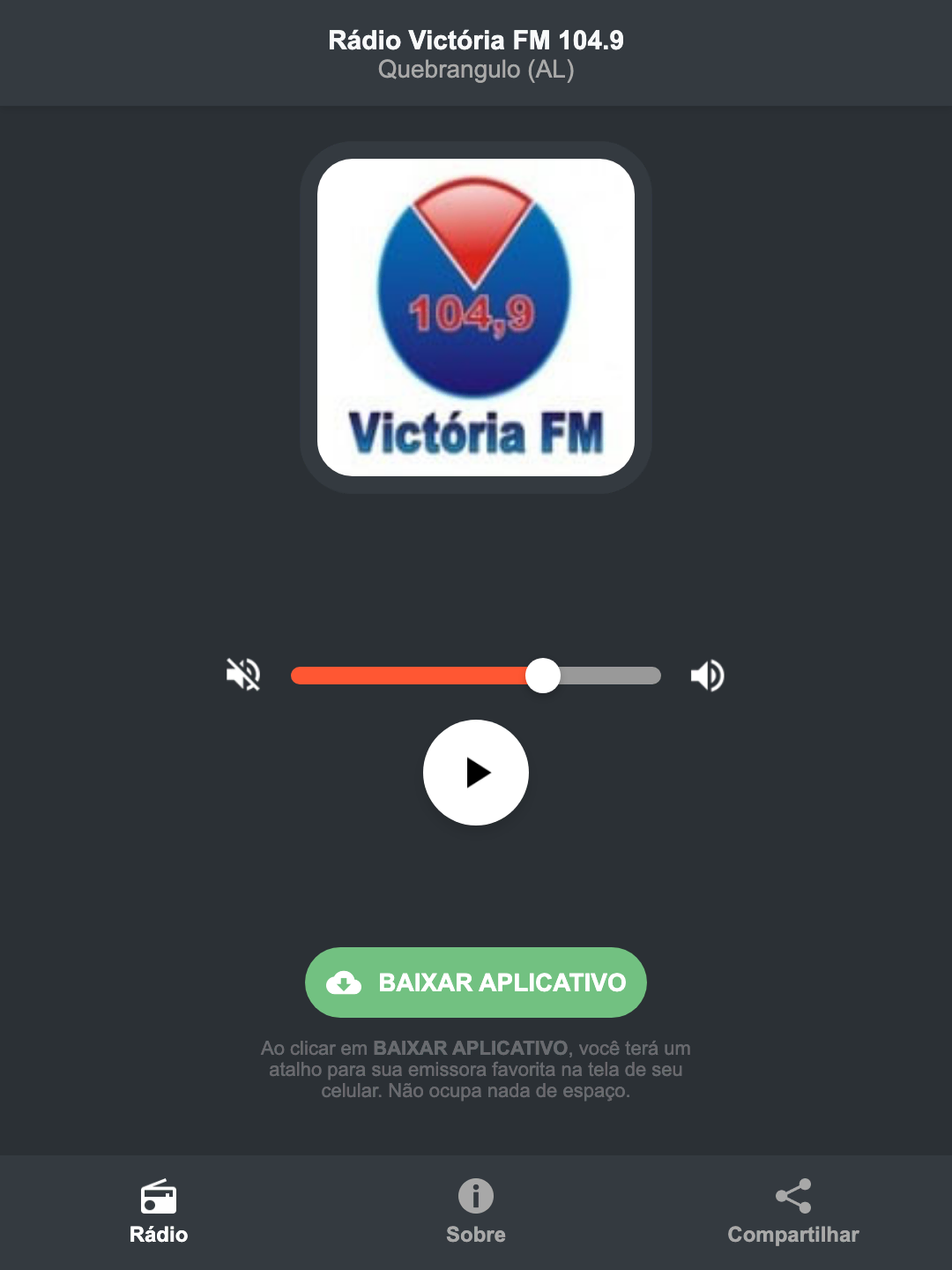 Screenshot do aplicativo da Rádio Victória FM 104.9