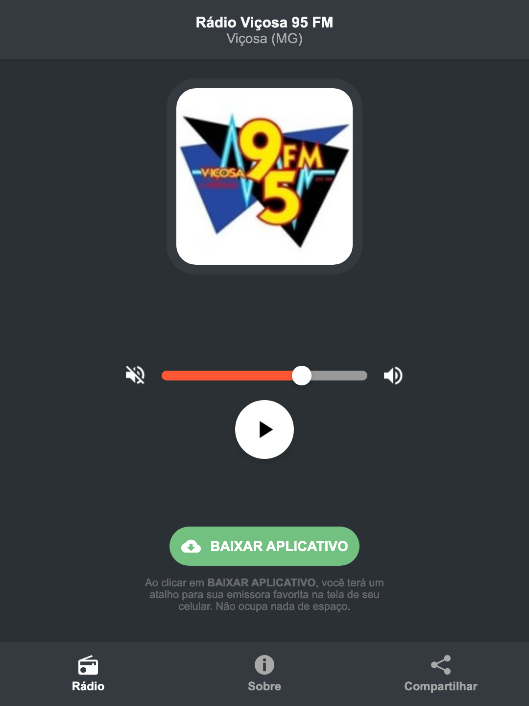 Screenshot do aplicativo da Rádio Viçosa 95 FM