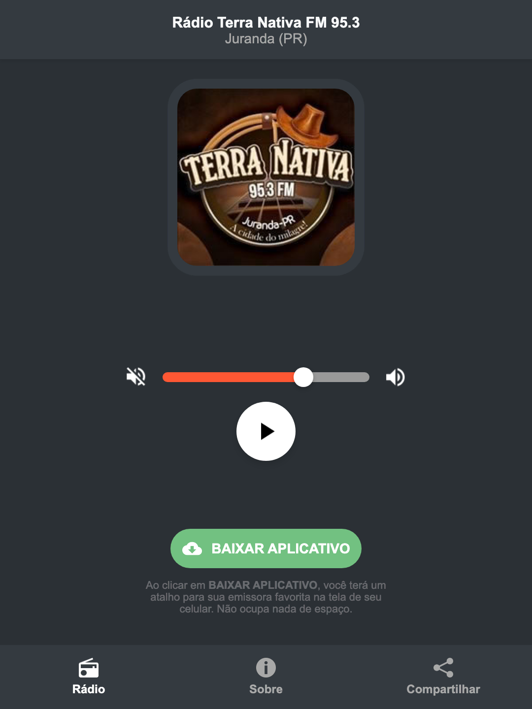 Screenshot do aplicativo da Rádio Terra Nativa FM 95.3