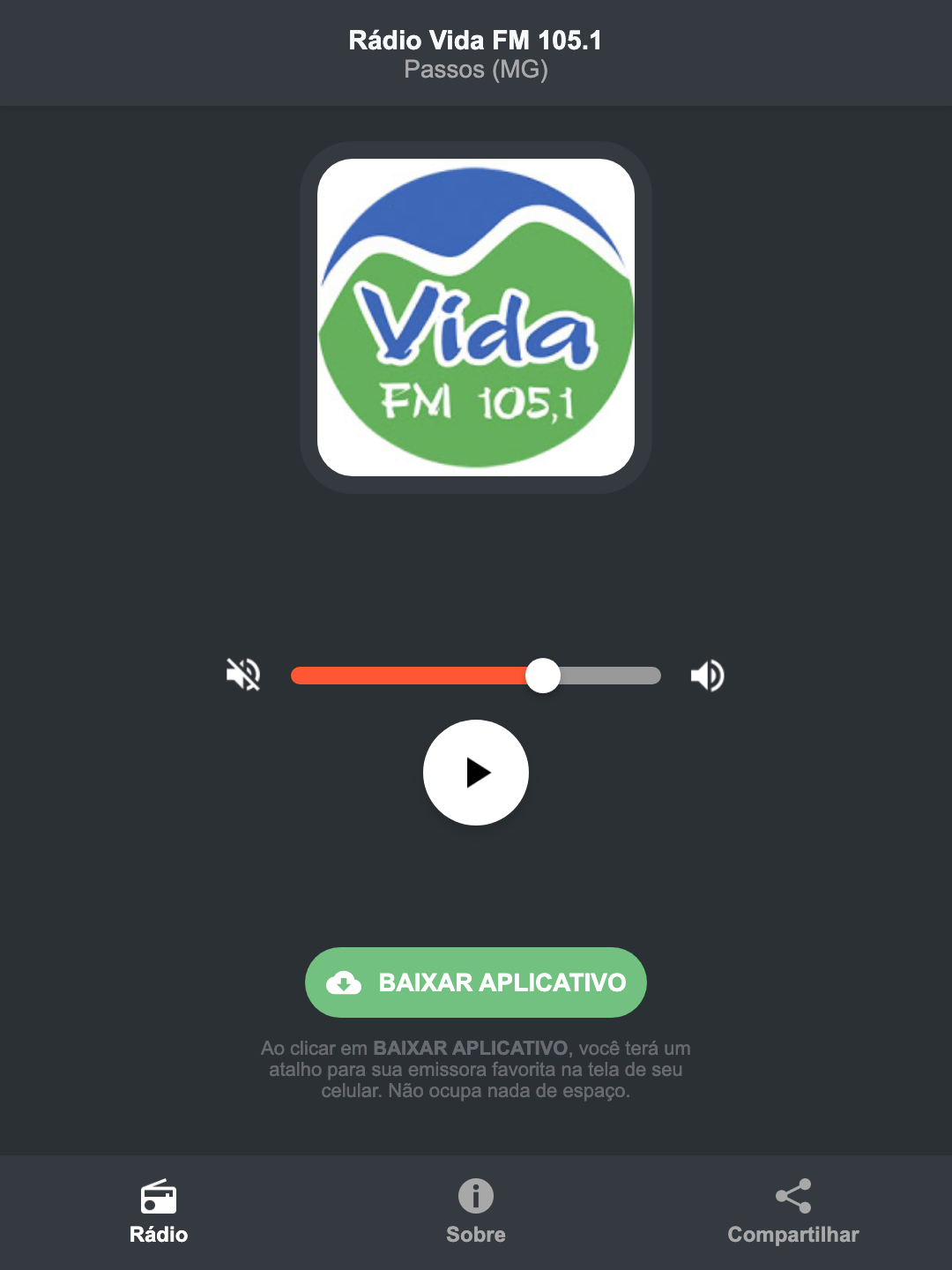 Screenshot do aplicativo da Rádio Vida FM 105.1
