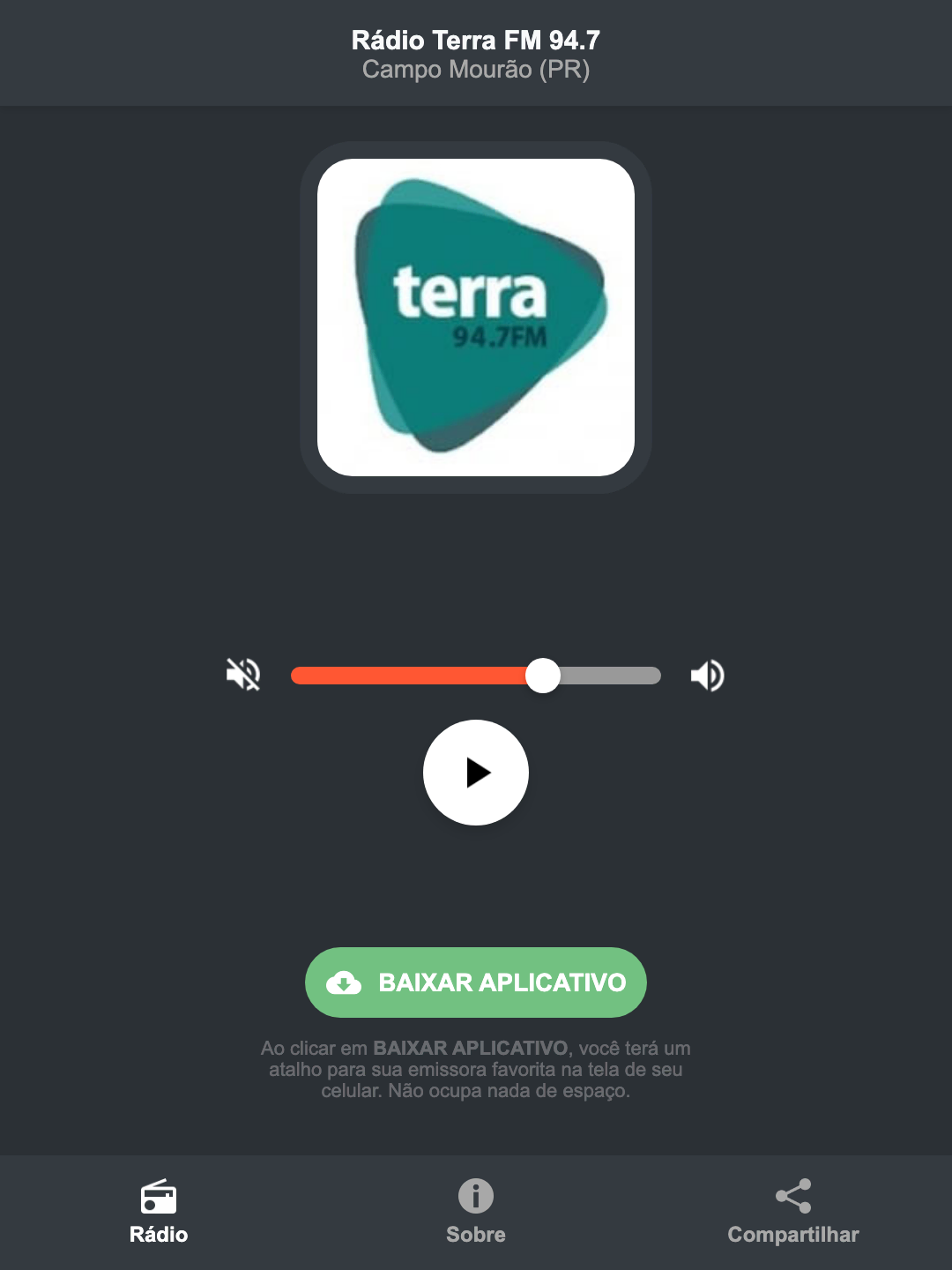 Screenshot do aplicativo da Rádio Terra FM 94.7