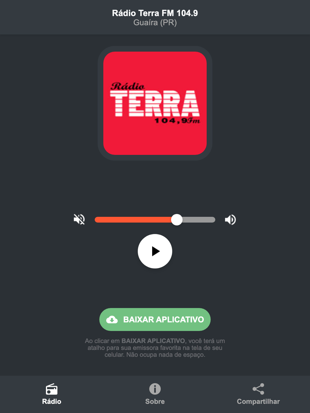 Screenshot do aplicativo da Rádio Terra FM 104.9