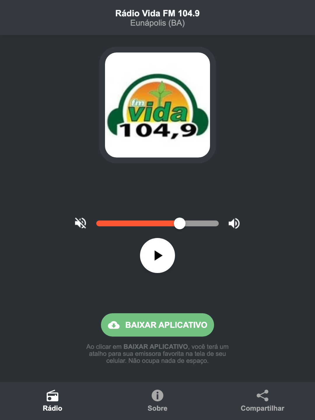 Screenshot do aplicativo da Rádio Vida FM 104.9