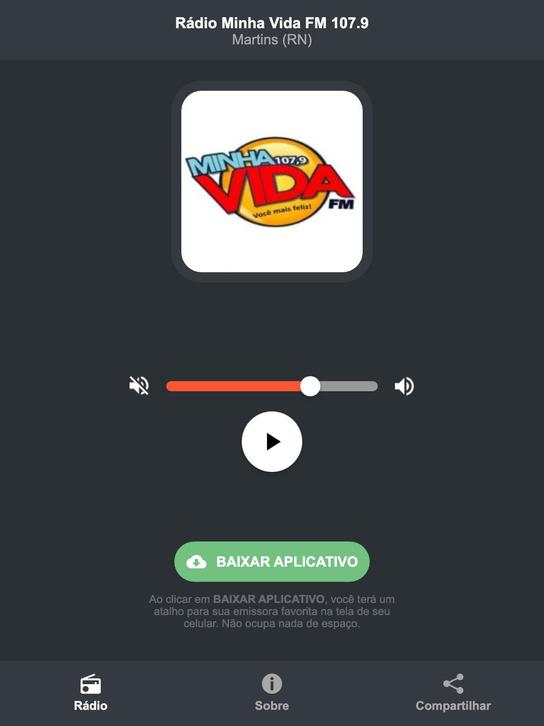 Screenshot do aplicativo da Rádio Minha Vida FM 107.9