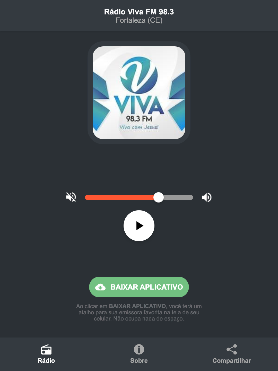 Screenshot do aplicativo da Rádio Viva FM 98.3