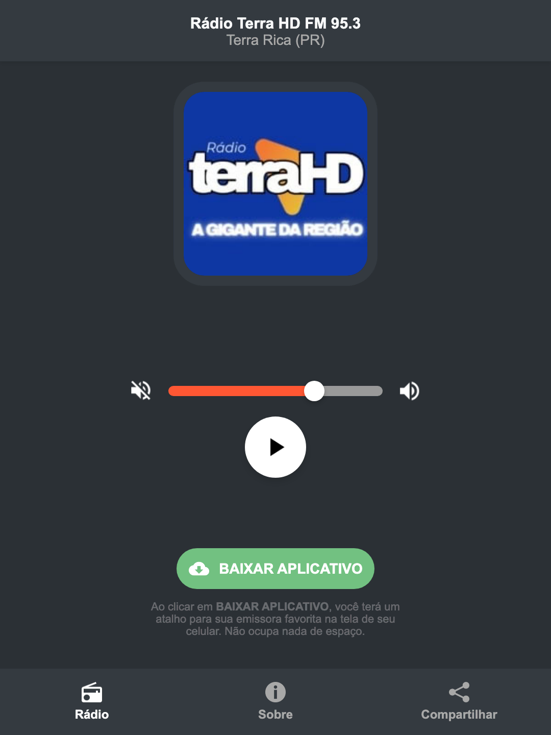 Screenshot do aplicativo da Rádio Terra HD FM 95.3