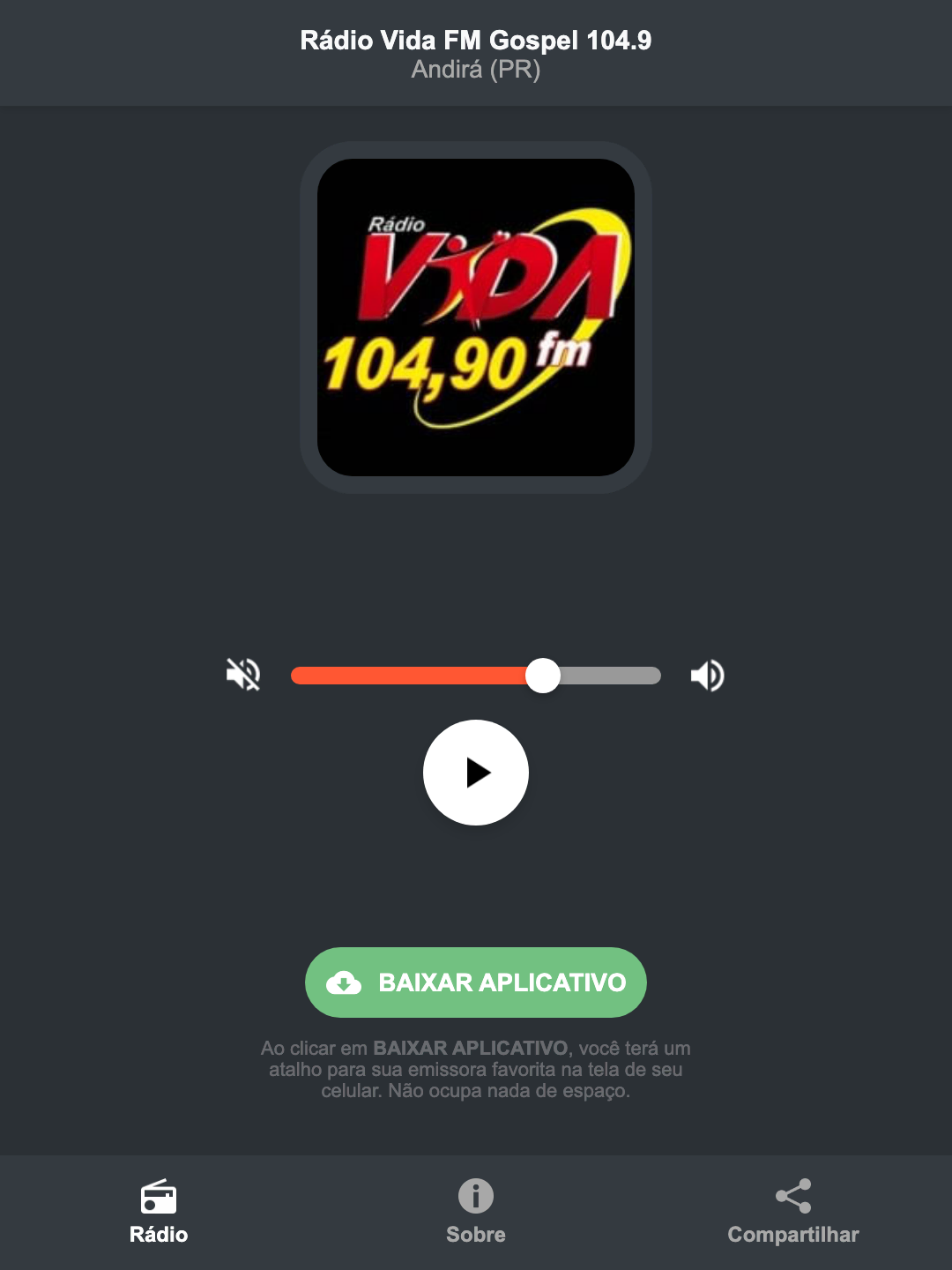 Screenshot do aplicativo da Rádio Vida FM Gospel 104.9