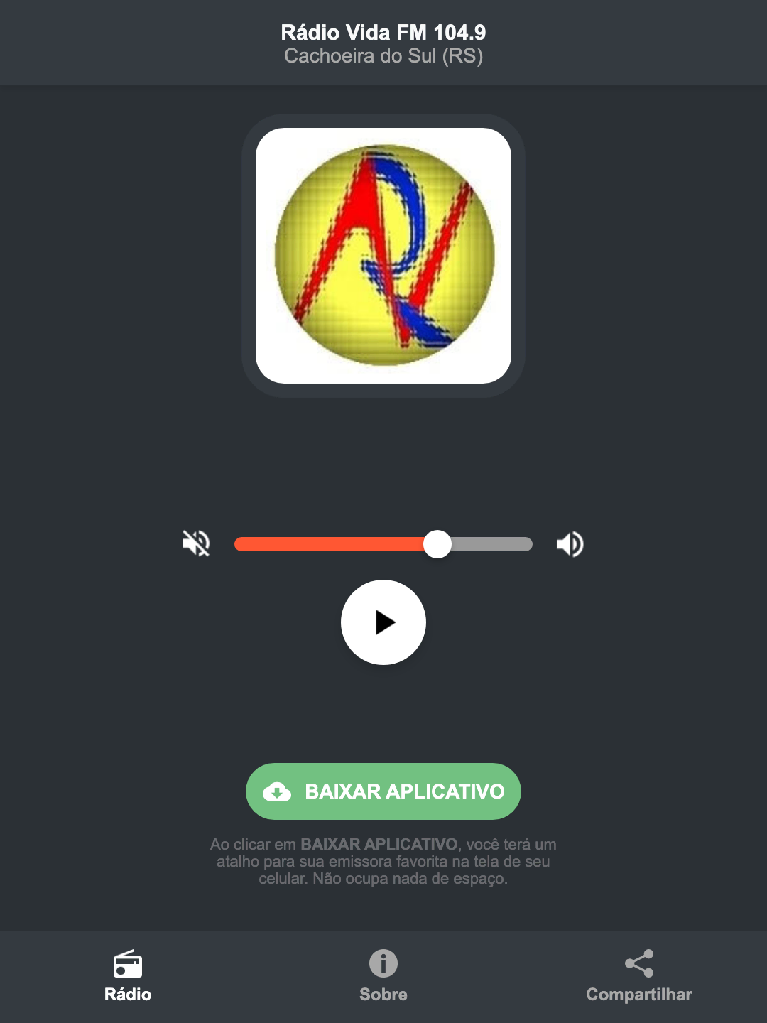 Screenshot do aplicativo da Rádio Vida FM 104.9