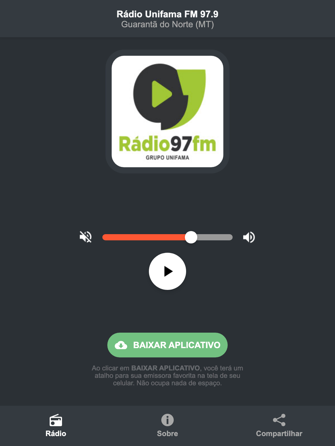 Screenshot do aplicativo da Rádio Unifama FM 97.9