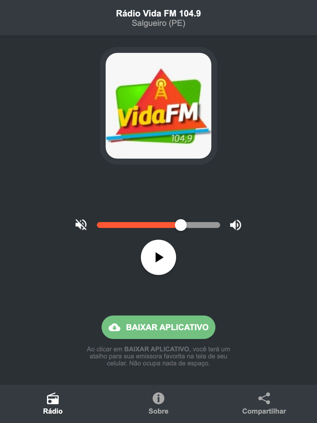Screenshot do aplicativo da Rádio Vida FM 104.9