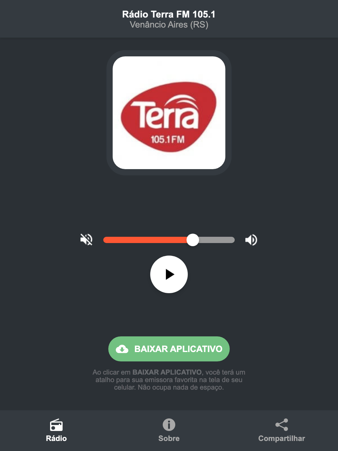 Screenshot do aplicativo da Rádio Terra FM 105.1