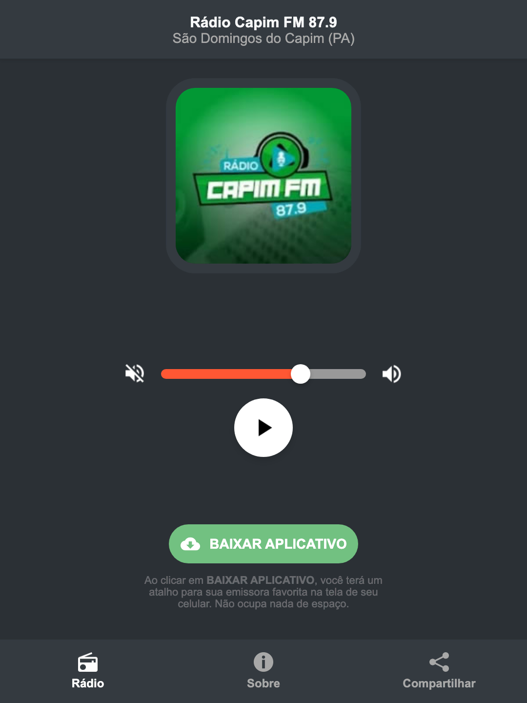 Screenshot do aplicativo da Rádio Capim FM 87.9