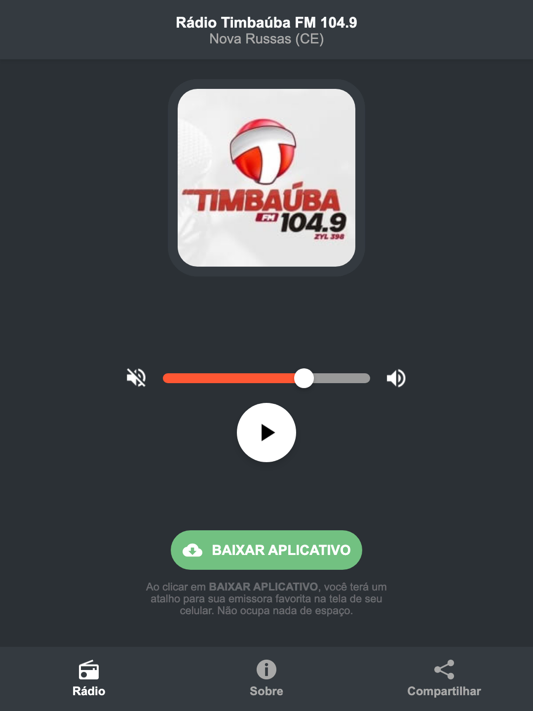 Screenshot do aplicativo da Rádio Timbaúba FM 104.9