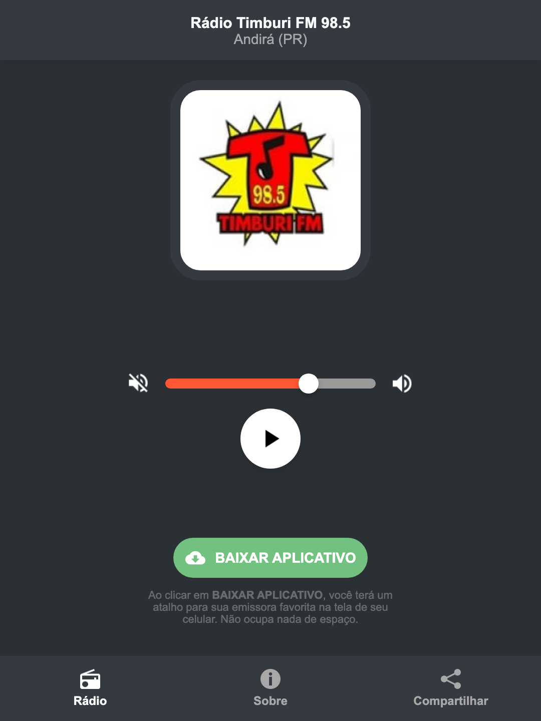 Screenshot do aplicativo da Rádio Timburi FM 98.5
