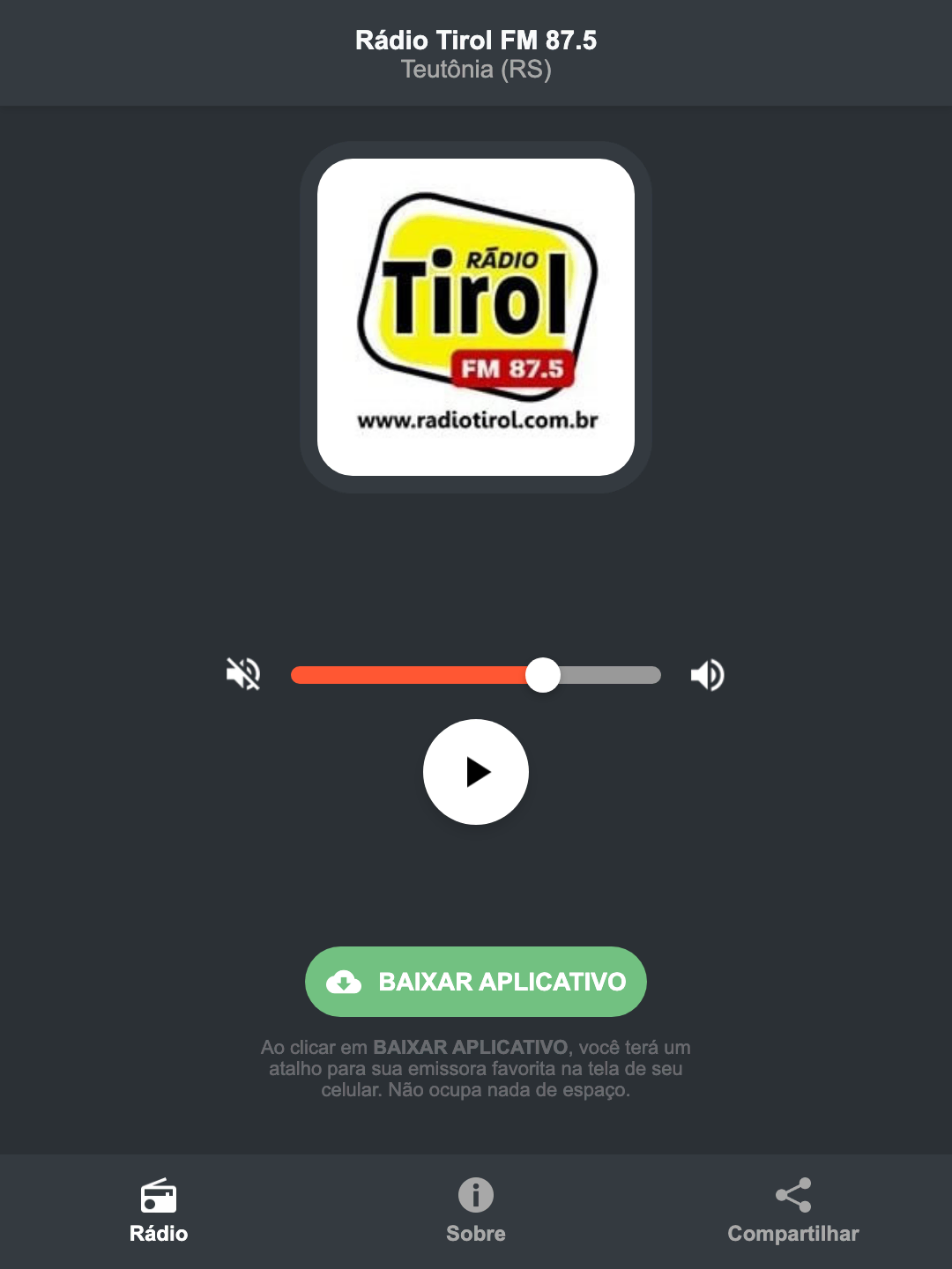 Screenshot do aplicativo da Rádio Tirol FM 87.5