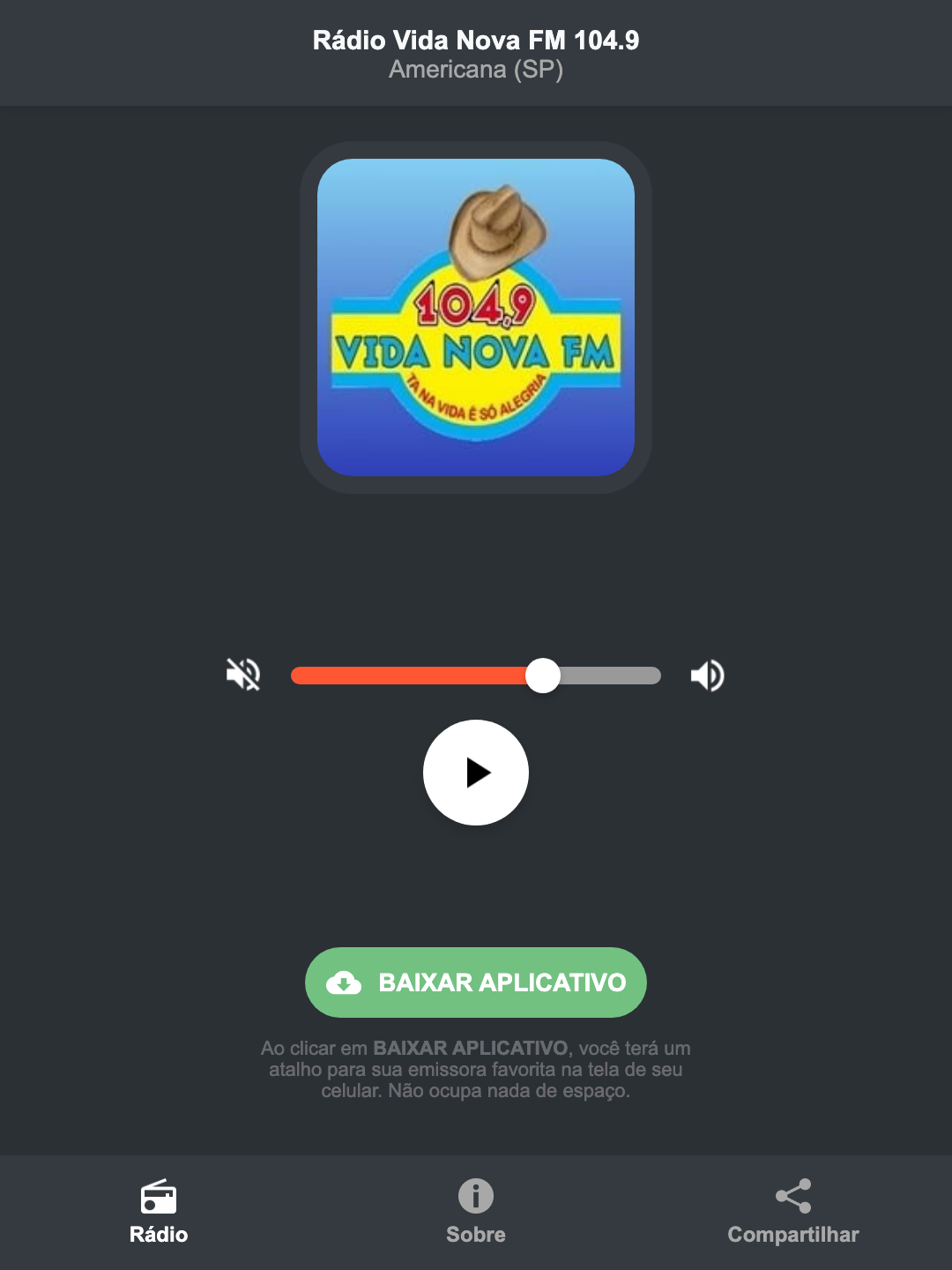 Screenshot do aplicativo da Rádio Vida Nova FM 104.9