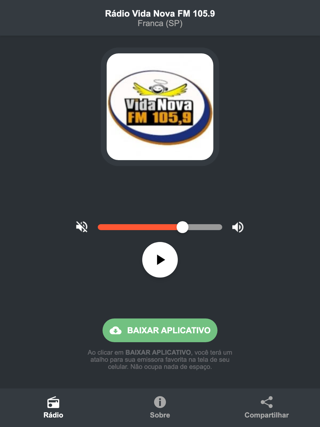 Screenshot do aplicativo da Rádio Vida Nova FM 105.9