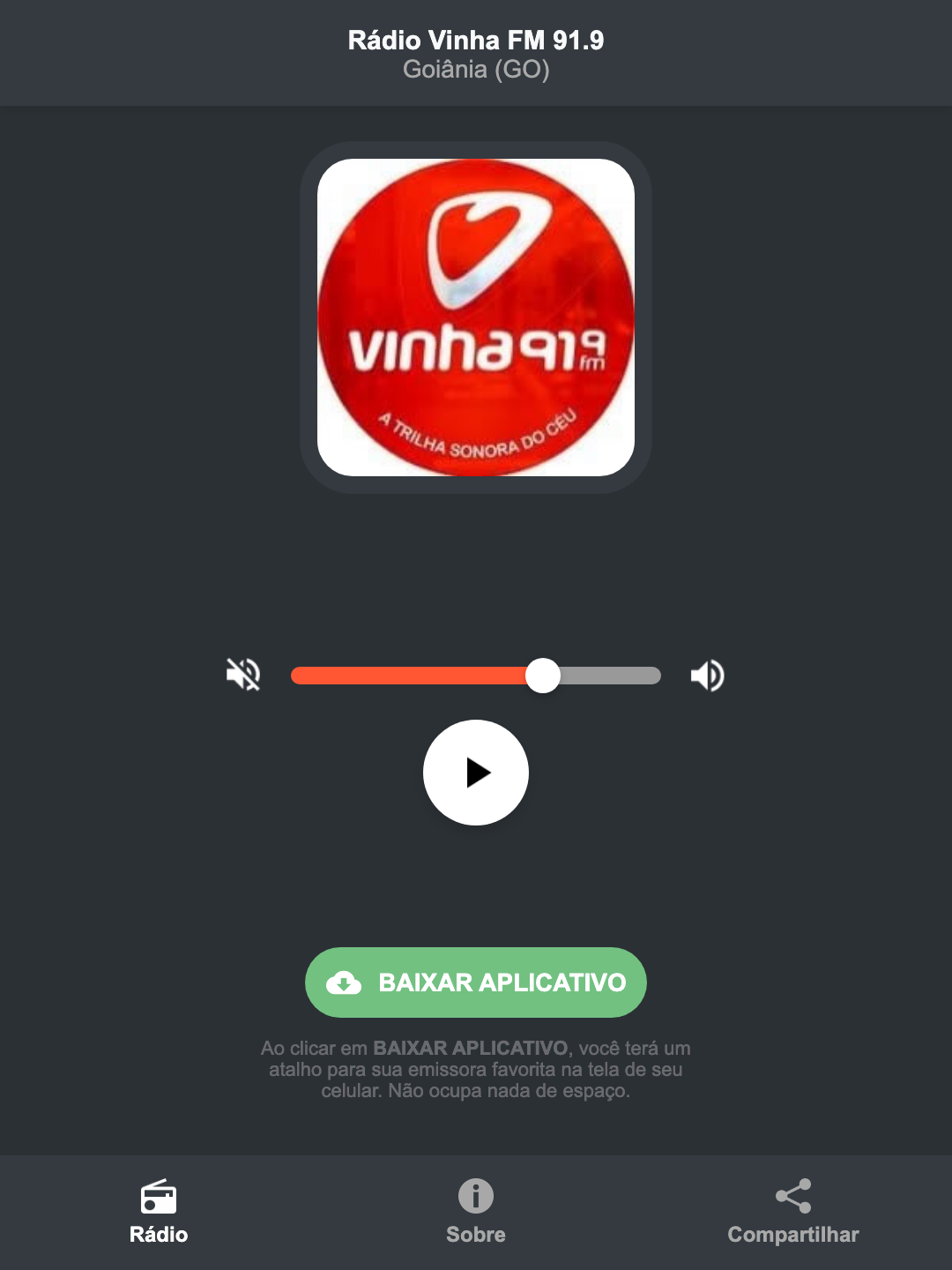 Screenshot do aplicativo da Rádio Vinha FM 91.9