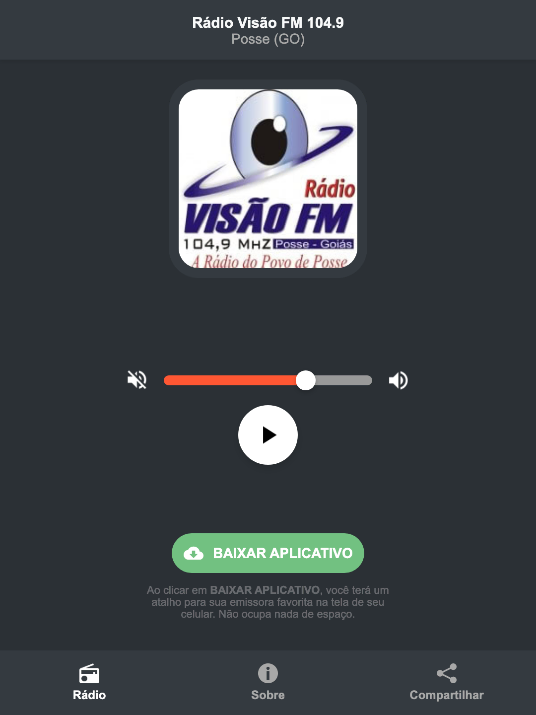 Screenshot do aplicativo da Rádio Visão FM 104.9