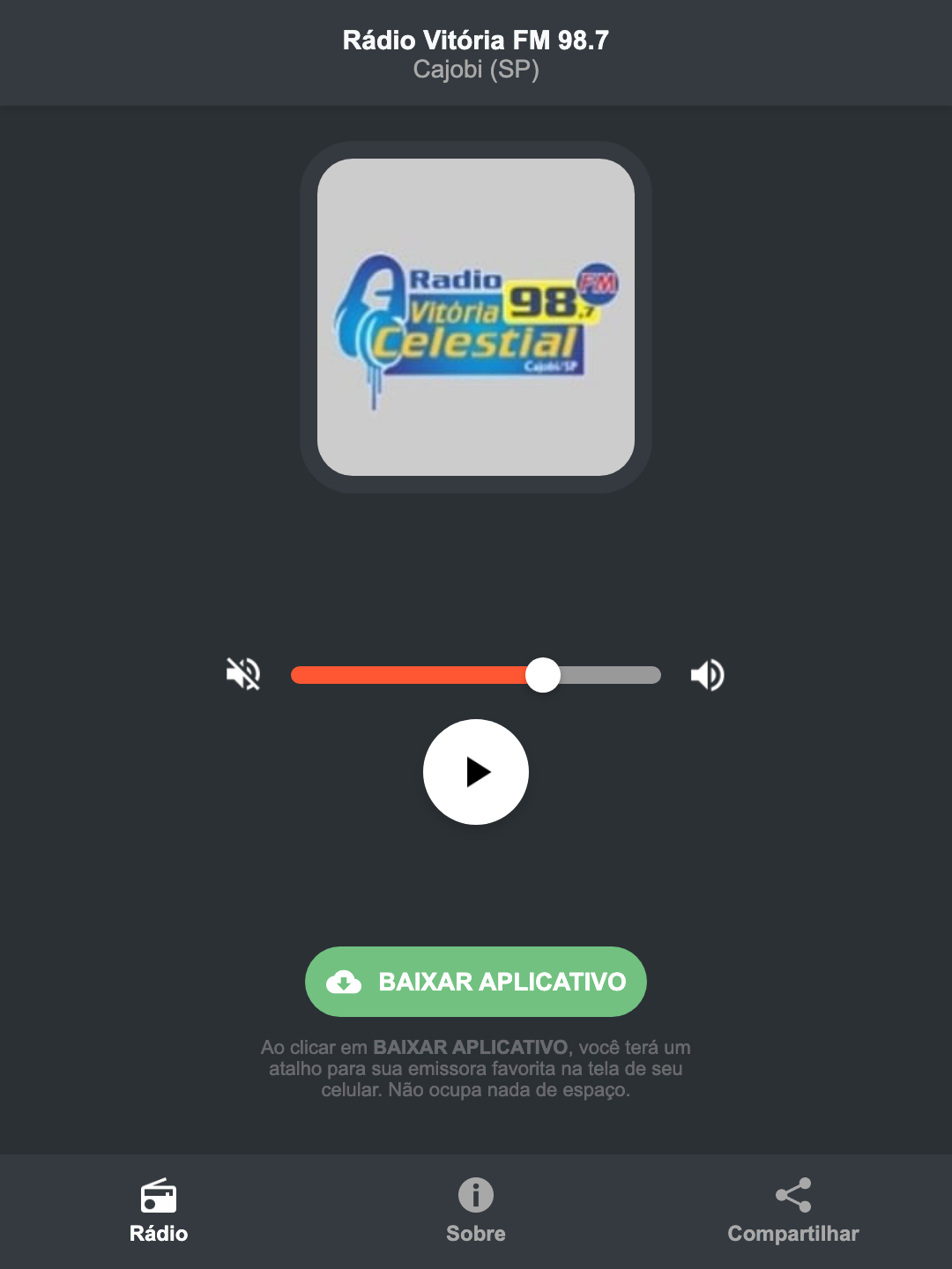 Screenshot do aplicativo da Rádio Vitória FM 98.7