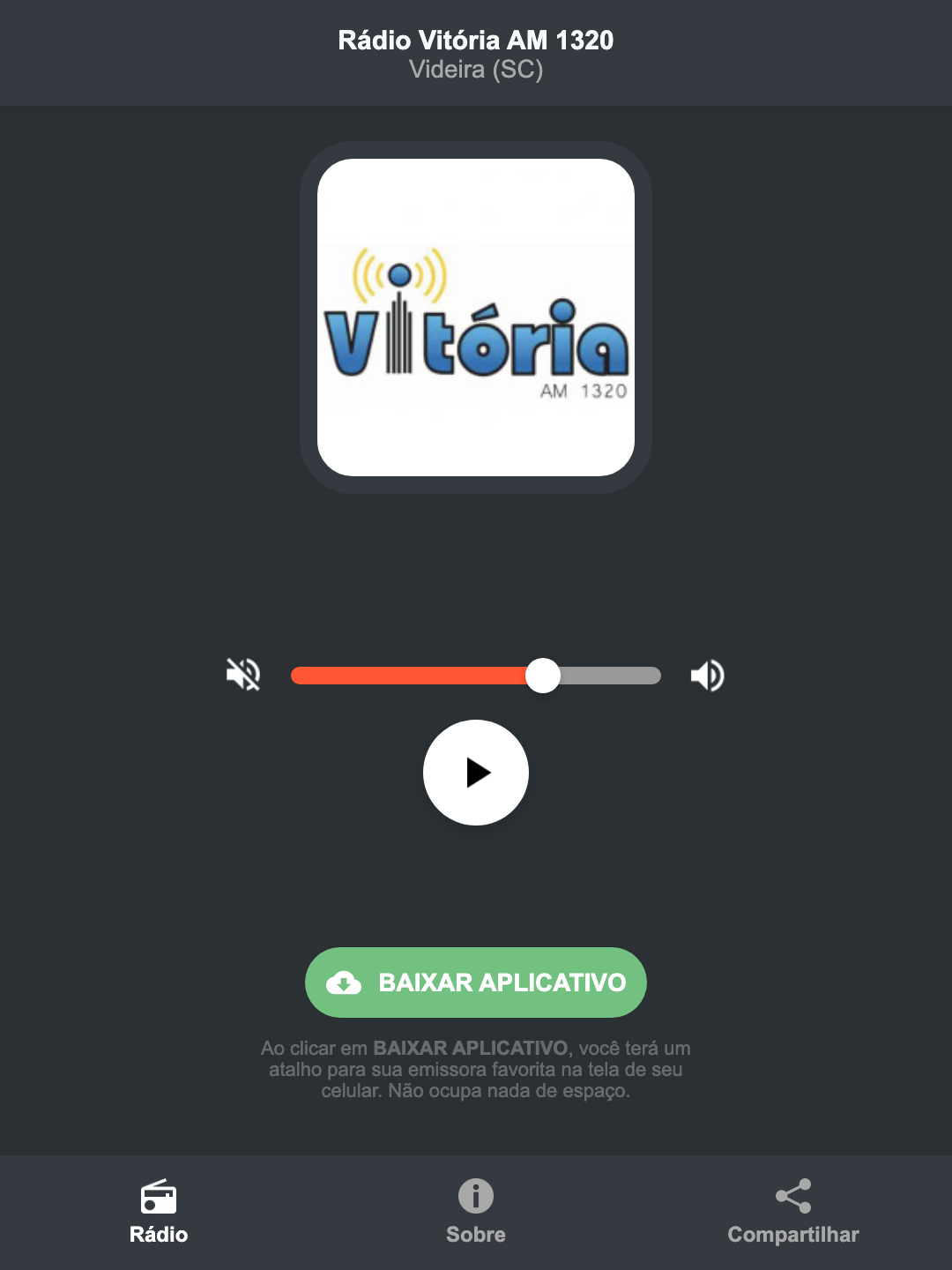 Screenshot do aplicativo da Rádio Vitória AM 1320