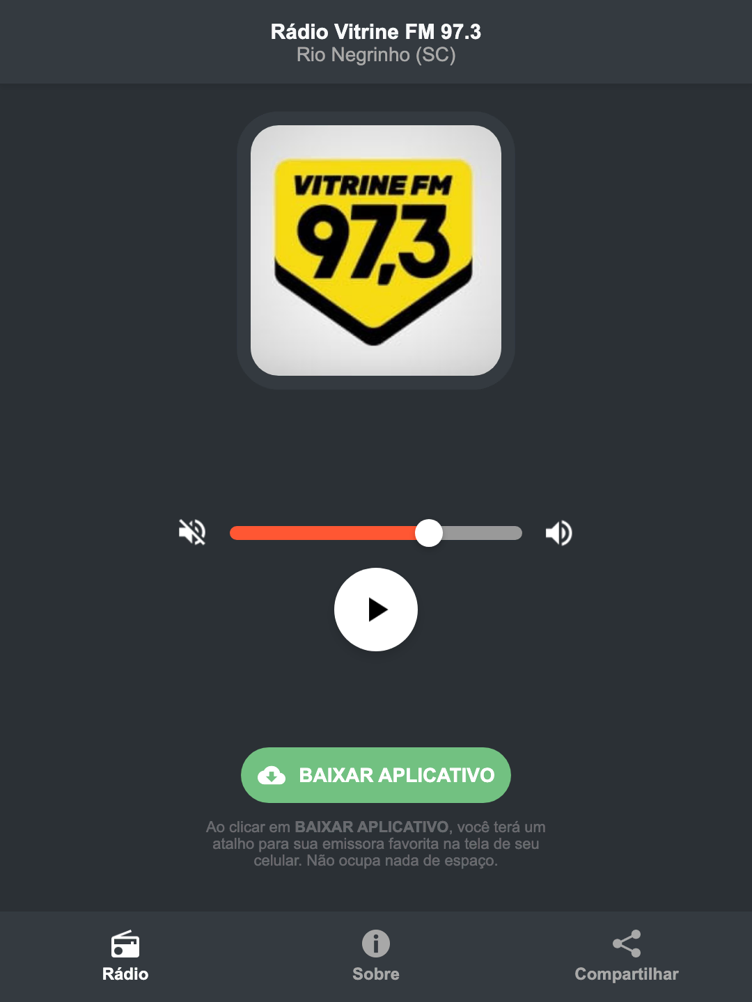 Screenshot do aplicativo da Rádio Vitrine FM 97.3