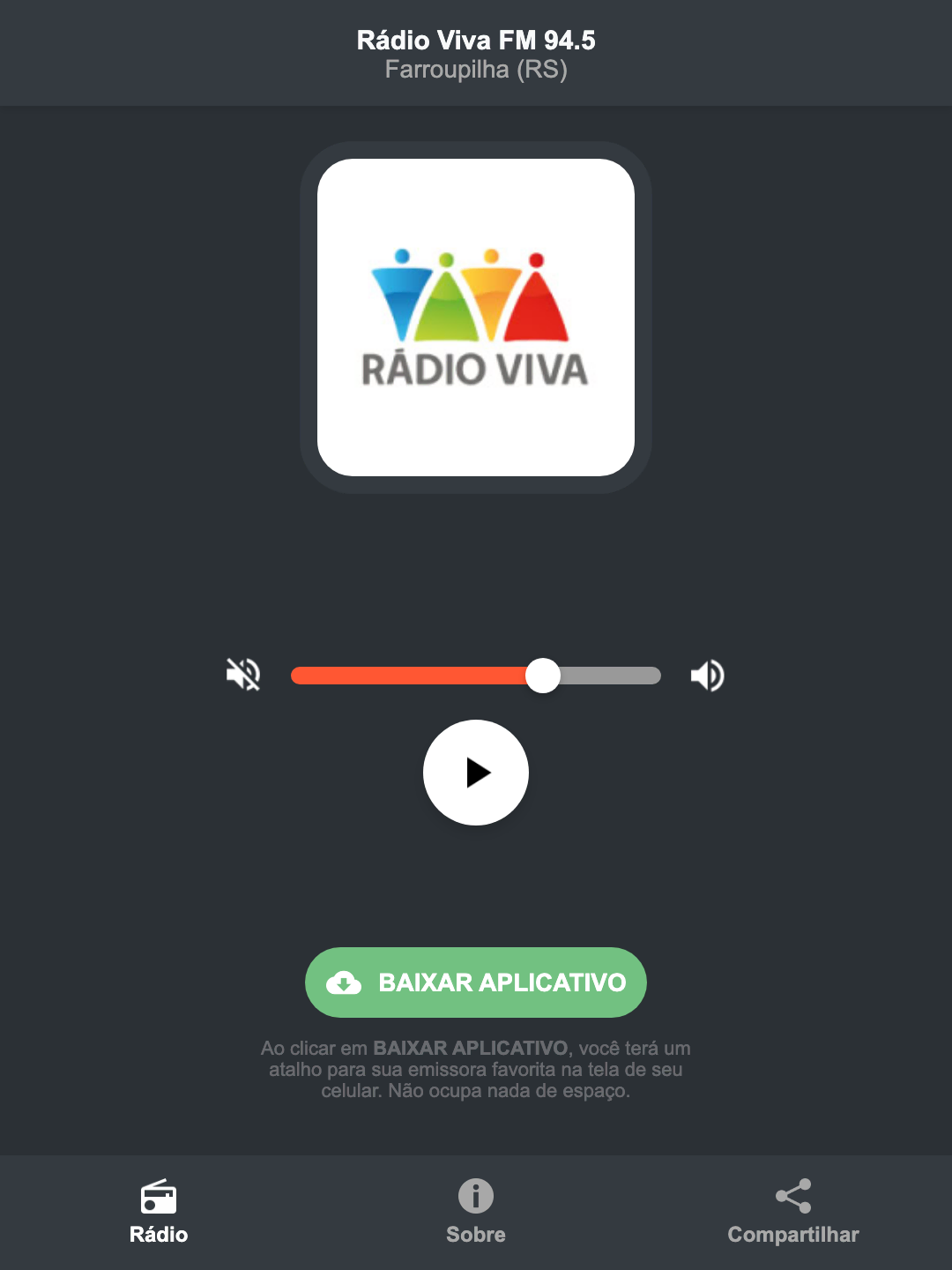 Screenshot do aplicativo da Rádio Viva FM 94.5