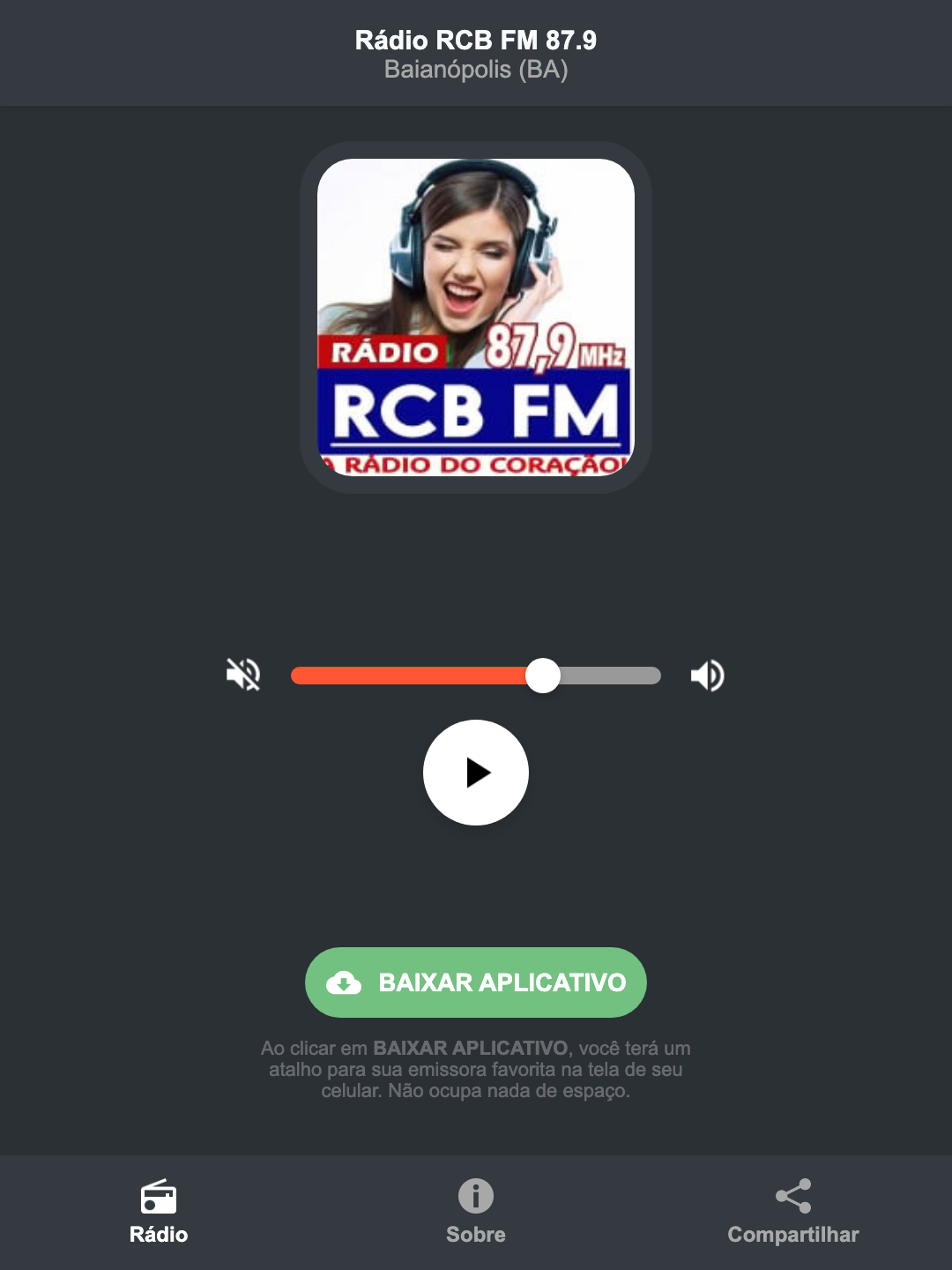 Screenshot do aplicativo da Rádio RCB FM 87.9