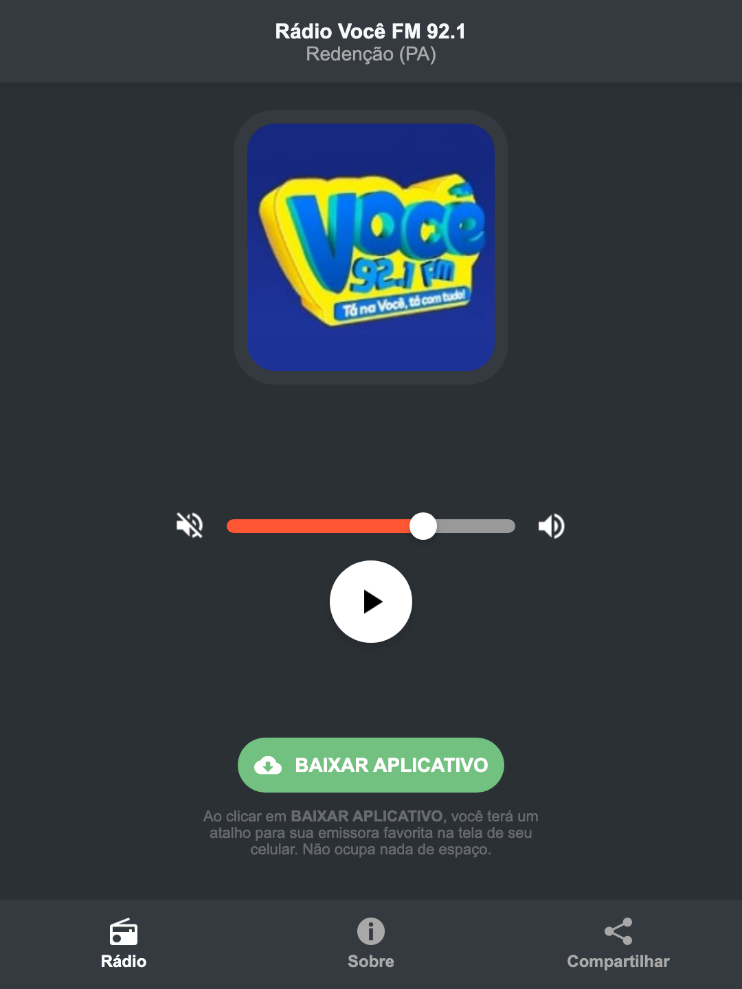 Screenshot do aplicativo da Rádio Você FM 92.1