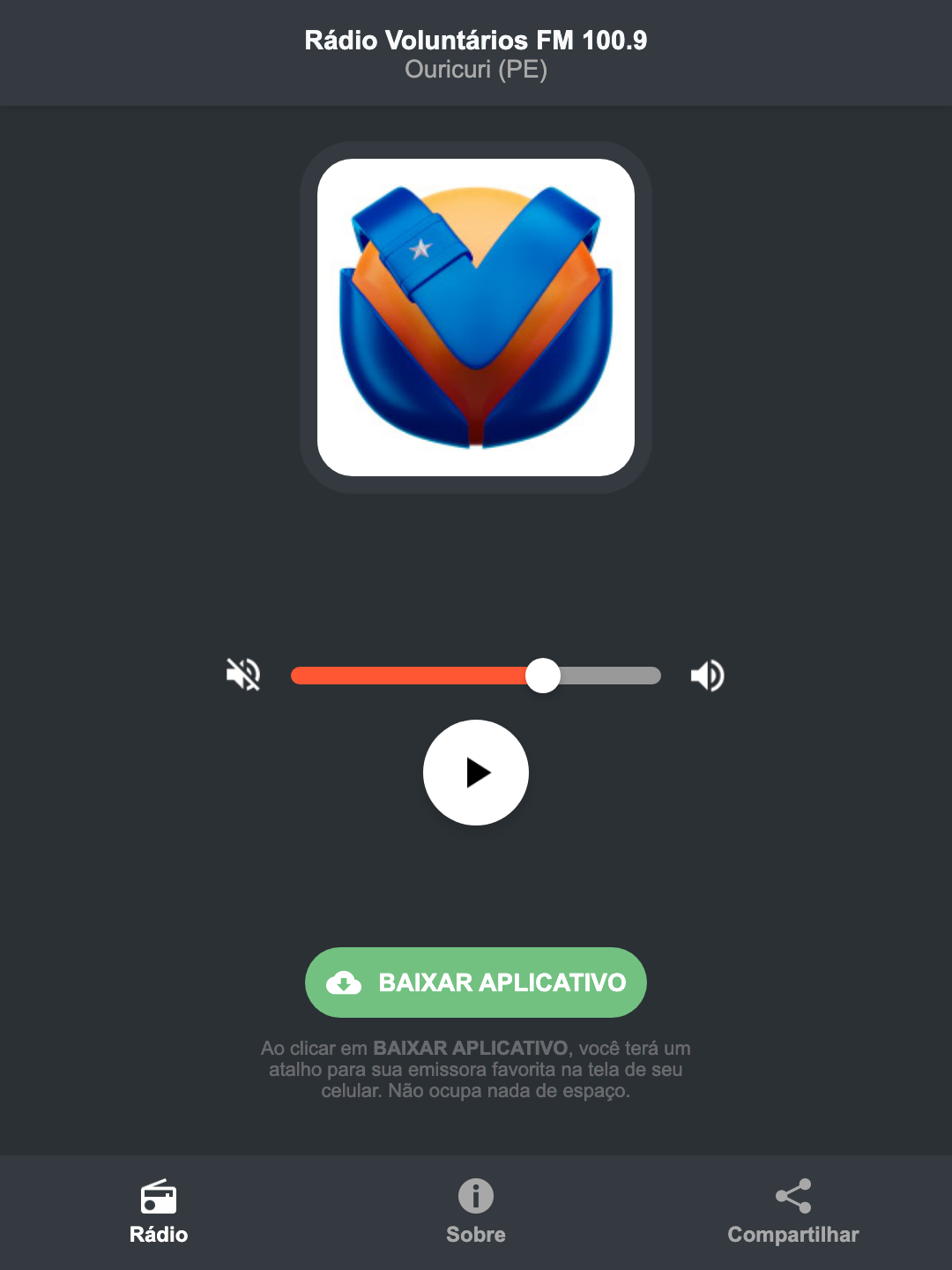 Screenshot do aplicativo da Rádio Voluntários FM 100.9