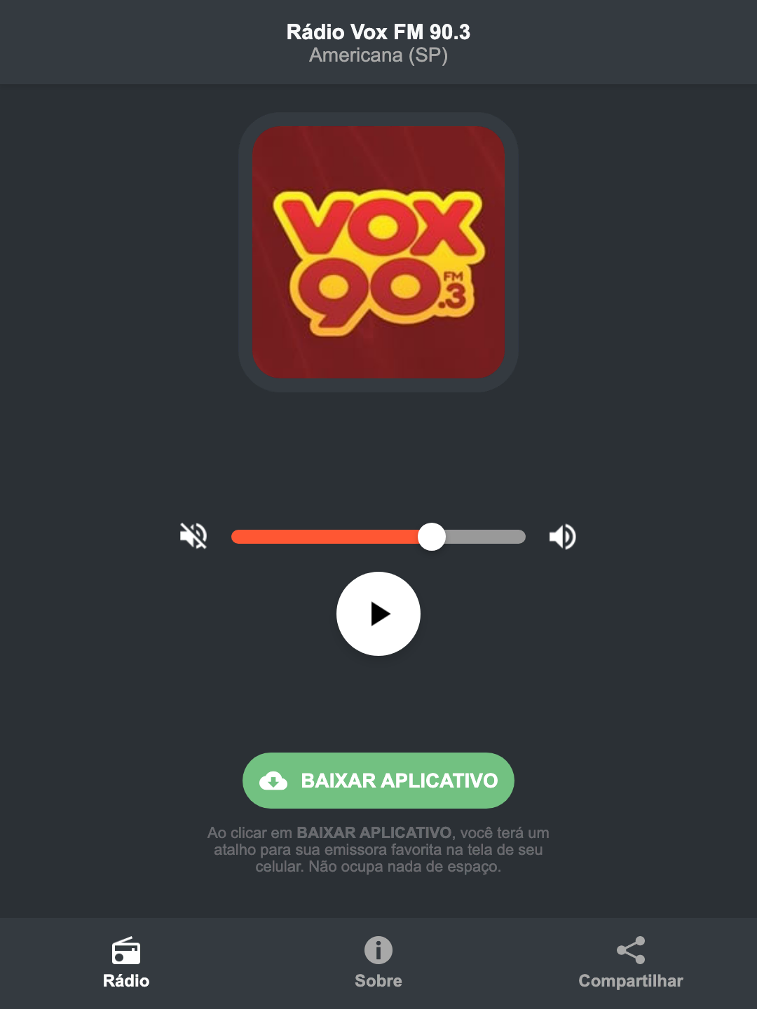 Screenshot do aplicativo da Rádio Vox FM 90.3