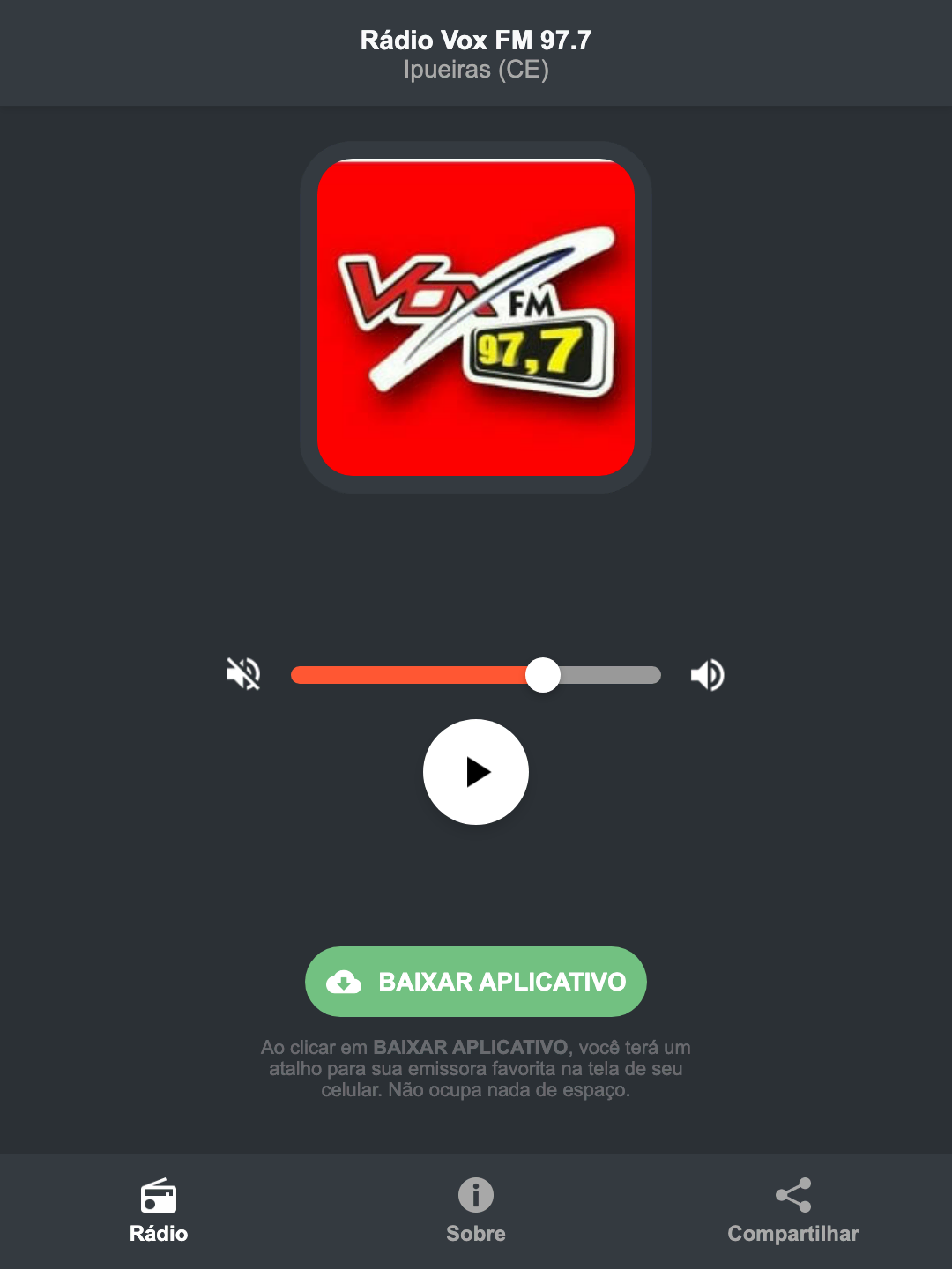 Screenshot do aplicativo da Rádio Vox FM 97.7
